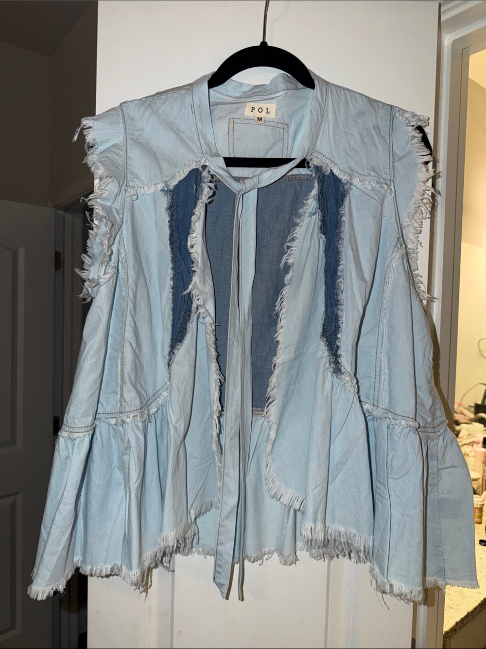 POL Frayed Light Blue Denim Peplum Jacket NWOT
